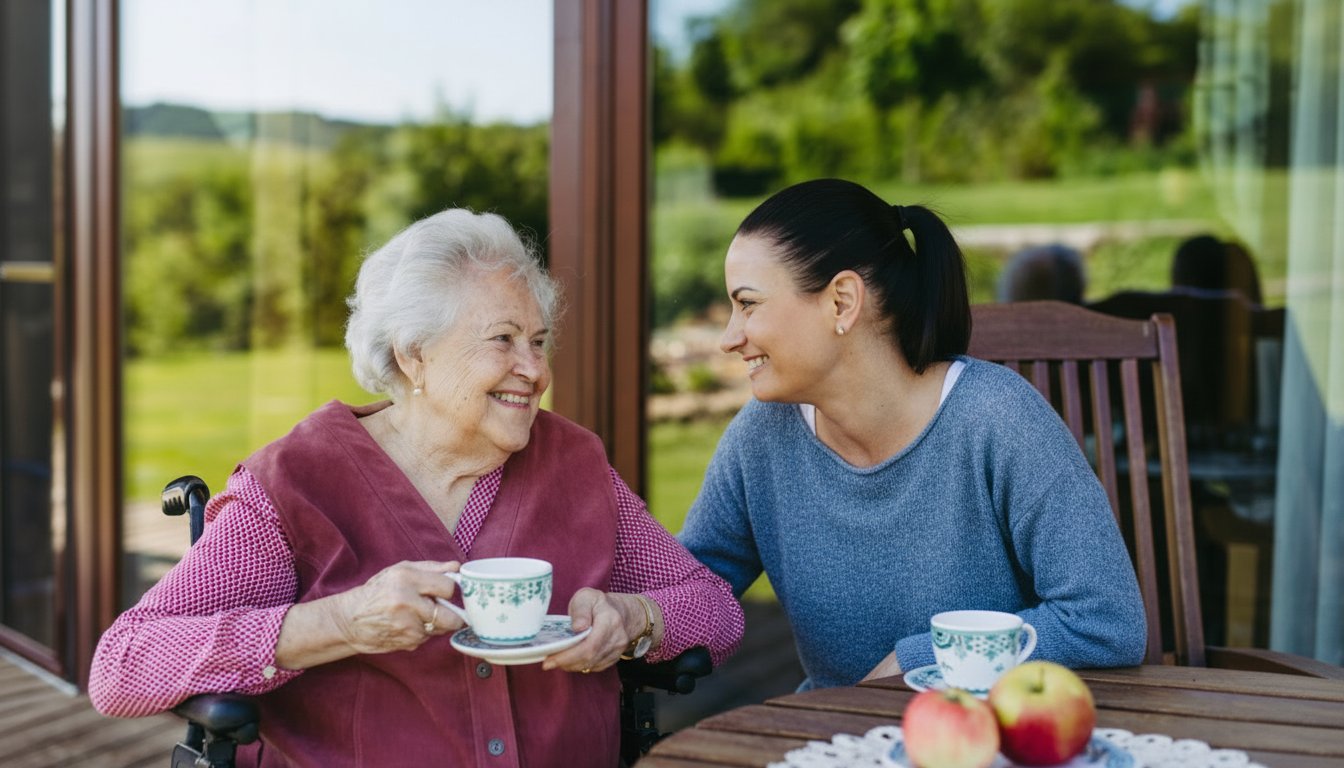 Compassionate caregiver sharing meaningful moments with senior resident outdoors at Gables of Ojai senior living careers